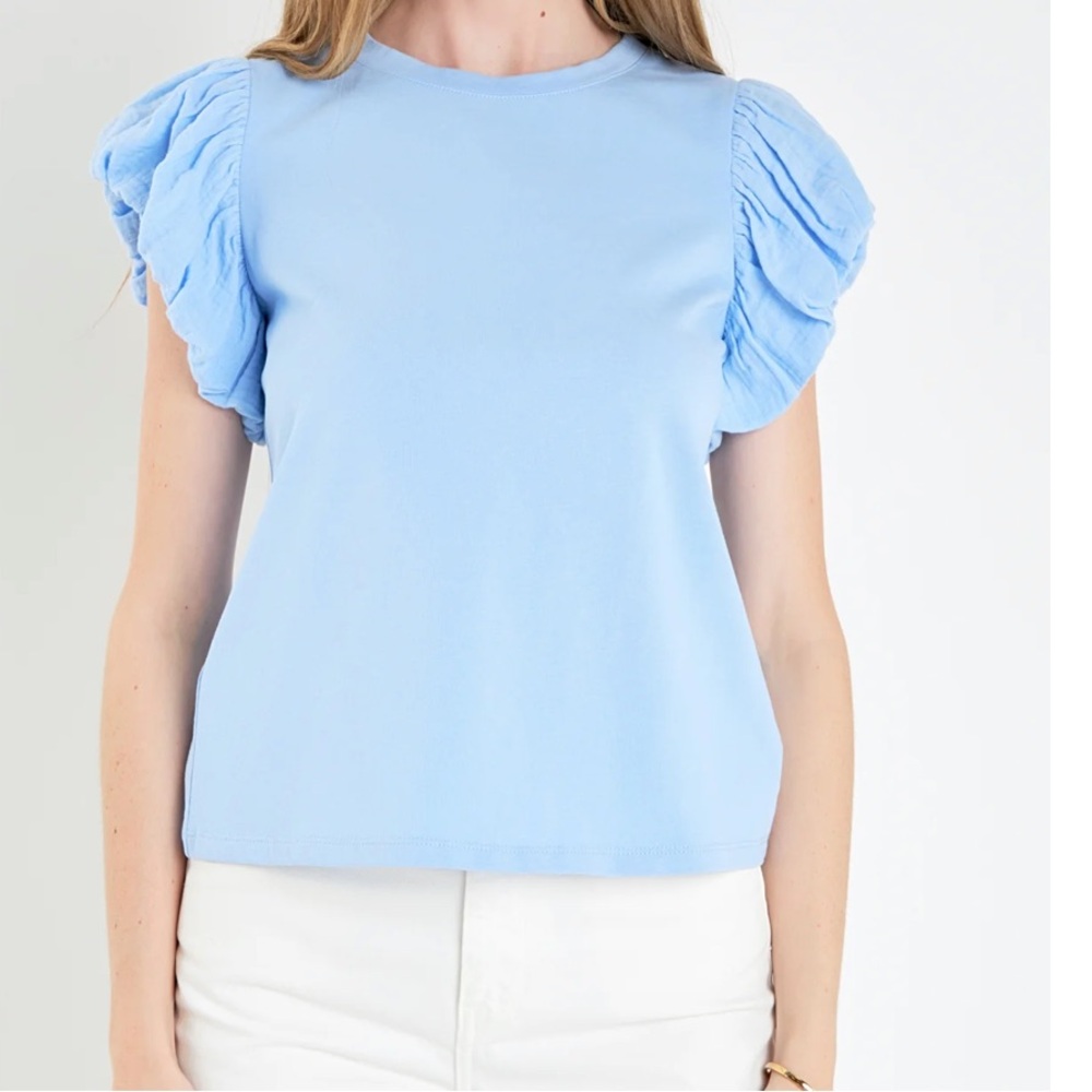 English Factory MIXED MEDIA T-SHIRT Size XS Powder Blue NWT - Picture 7 of 10